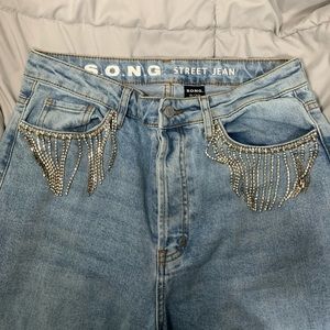 S.o.n.g Jeans Diamond Rhinestone Fringe Straight Denim